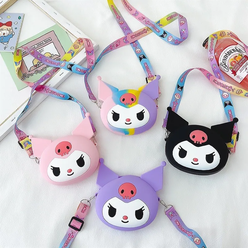 Sanrio kuromi moda saco crossbody bolsa de armazenamento dos desenhos animados 3d silicone bolsa de ombro anime figuras dos desenhos animados brinquedo presente do miúdo