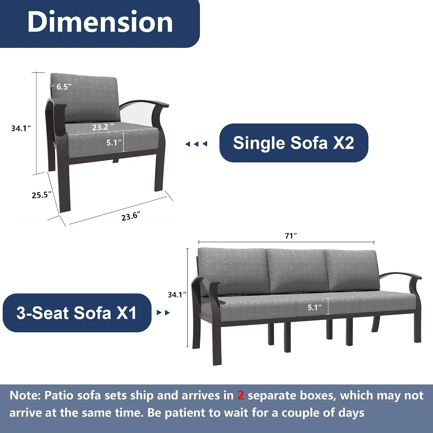 5-Seat Aluminum Patio Furniture Set Modern Metal Outdoor Sectional Sofa w/ 5.1 Inch Cushion, Grey, Customized