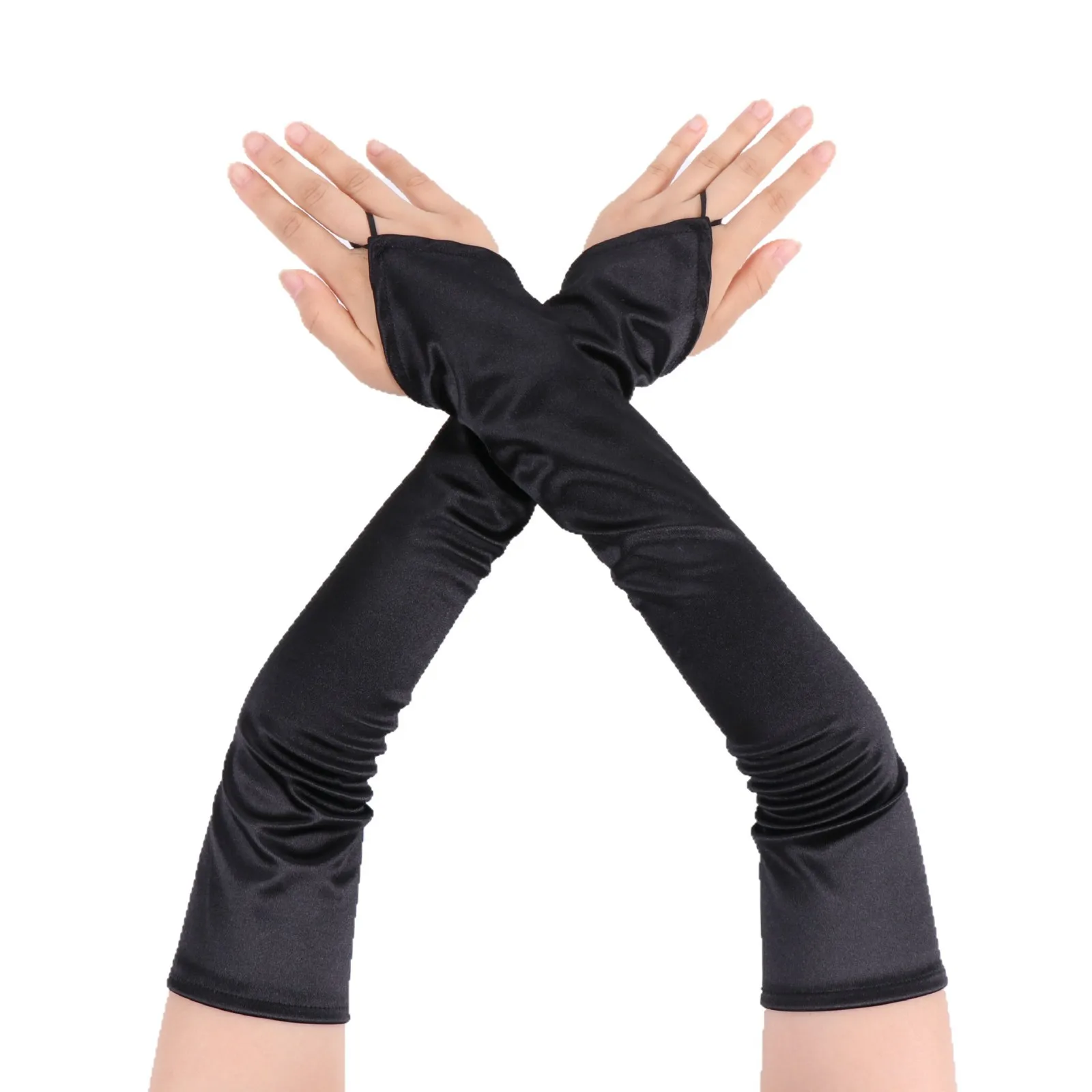 Gloves 50cm Satin Stretchy Long Finger Loop Formal Dress Wedding Performance Dance Costume Accessories Women Evening Party Soft