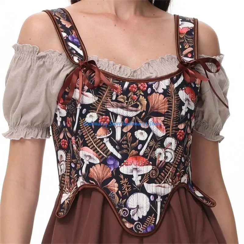 

573B Women Victorian Overbust Corset Top Vintage Mushroom Pattern Waist Cincher Adjustable Straps Bustier Body Shaper