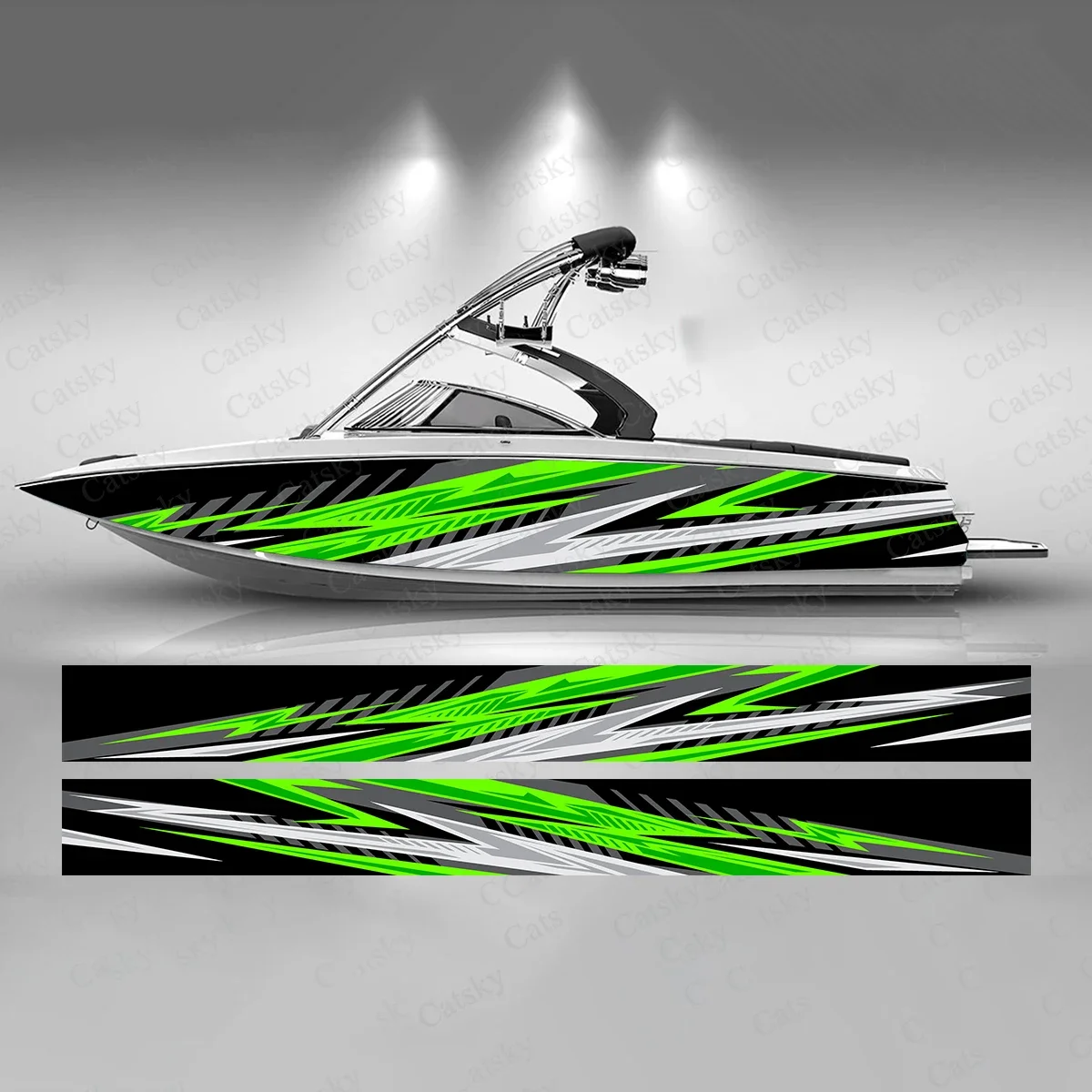 Green and White Lightning Boat Sticker Fashion Custom Fish Boat-Sticker Vinyl Waterproof Boat Wrap Graphic Boat Wrap Decal