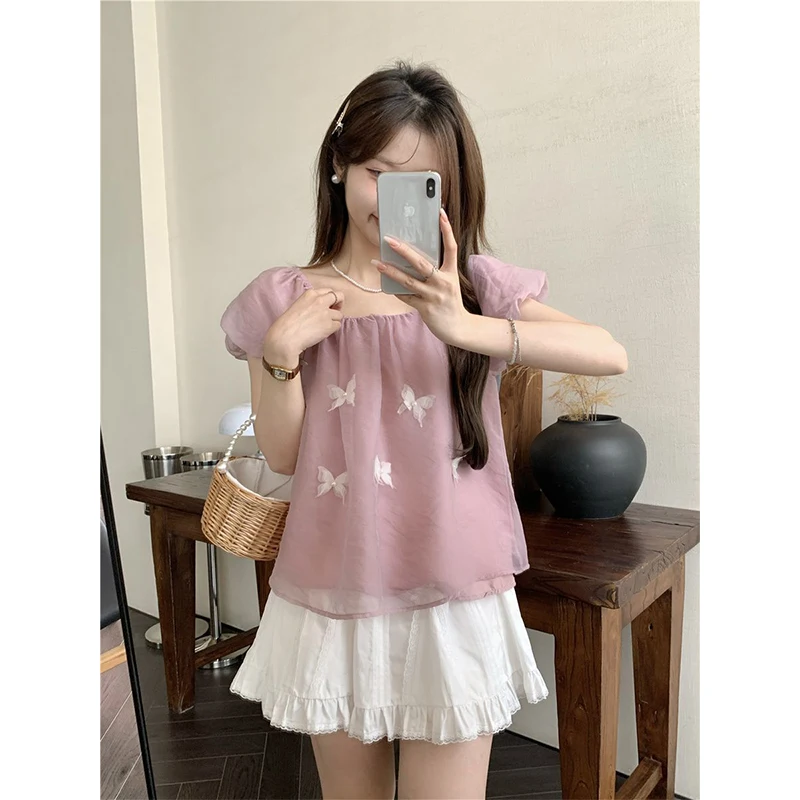 Women Summer Fashion Sweet Loose Printing Butterfly O-neck Short Sleeve Shirts Women Clothes Casual All-match Appear Thin Tops