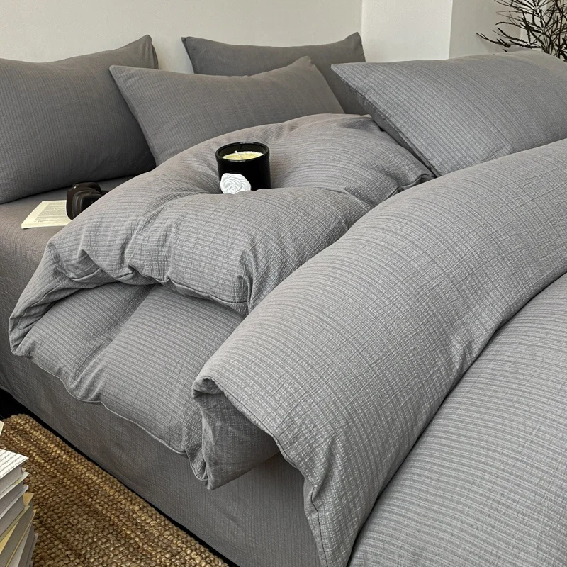 

3/4pcs Bedding Set,Double-Layer Wrinkle Yarn Grey Duvet Cover+Pillowcase+Flat/Fitted Sheet Set, Full King All Season Home Linens