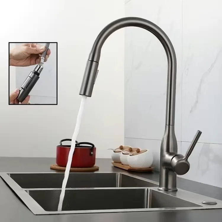 Kemaidi grau Küchen armatur mit Pulldown-Sprüh gerät High Arc Edelstahl 360 drehbare Küchen spüle Wasserhähne Deck Chrom montiert