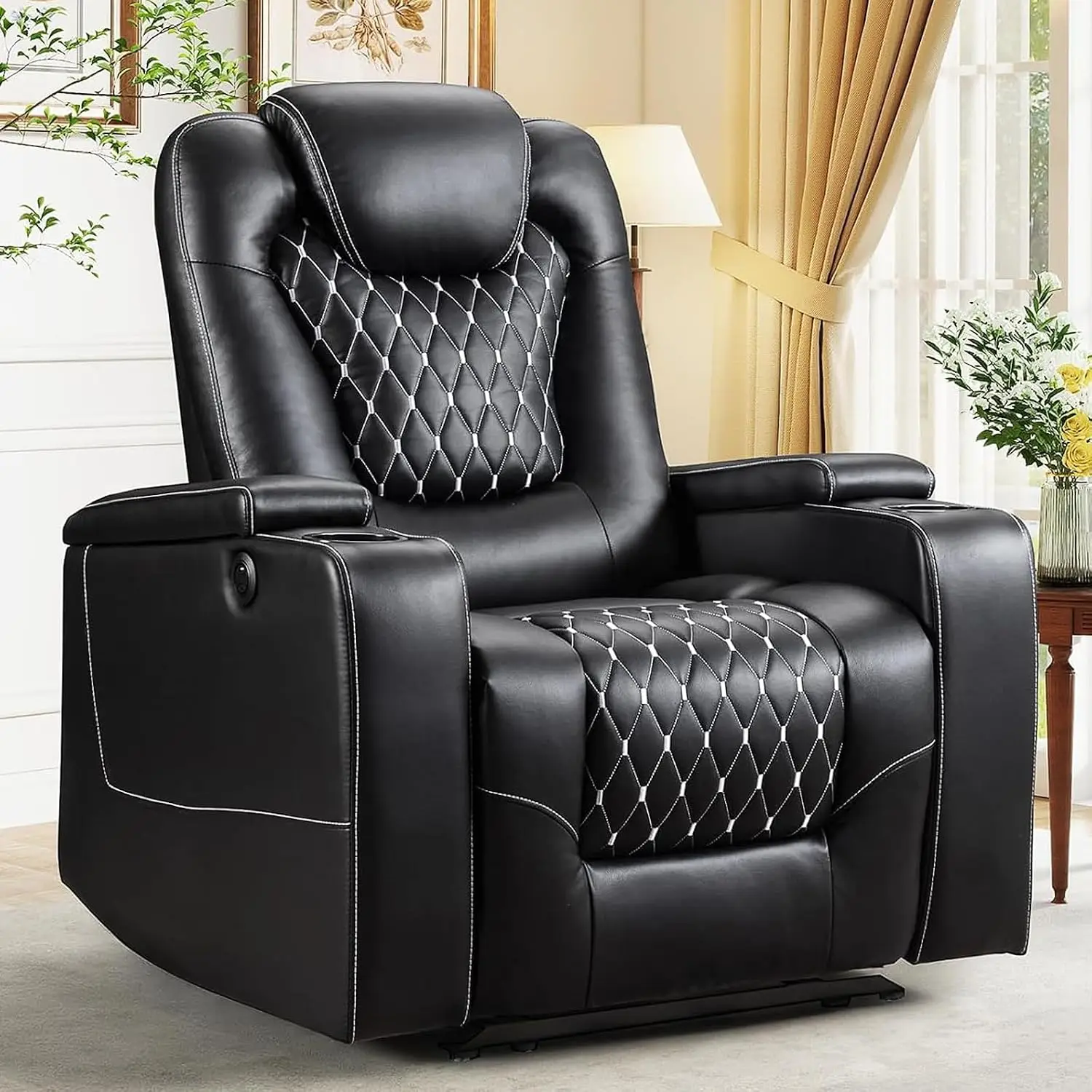 Power Recliner Chair with USB Ports and Cup Holders - Overstuffed Electric Home Theater Seating PU Leather Reclining, Custom