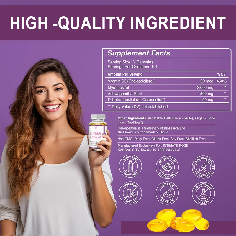 Myo-Inositol & D-Chiro Inositol Capsule with Folate Supports Ovarian Function Hormone Balance Fertility Supplements Beauty Healt