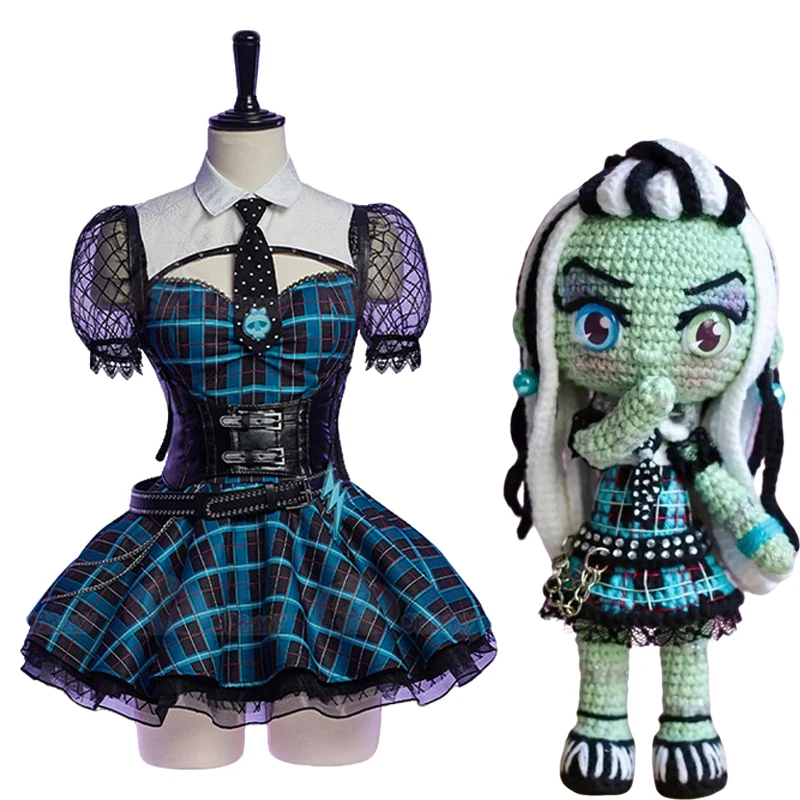 

Women Haunted Night Gothic Blue Black Plaid Dress Cosplay Costume {Dunayskiy States}Dark Style Patchwork Dress Set Halloween