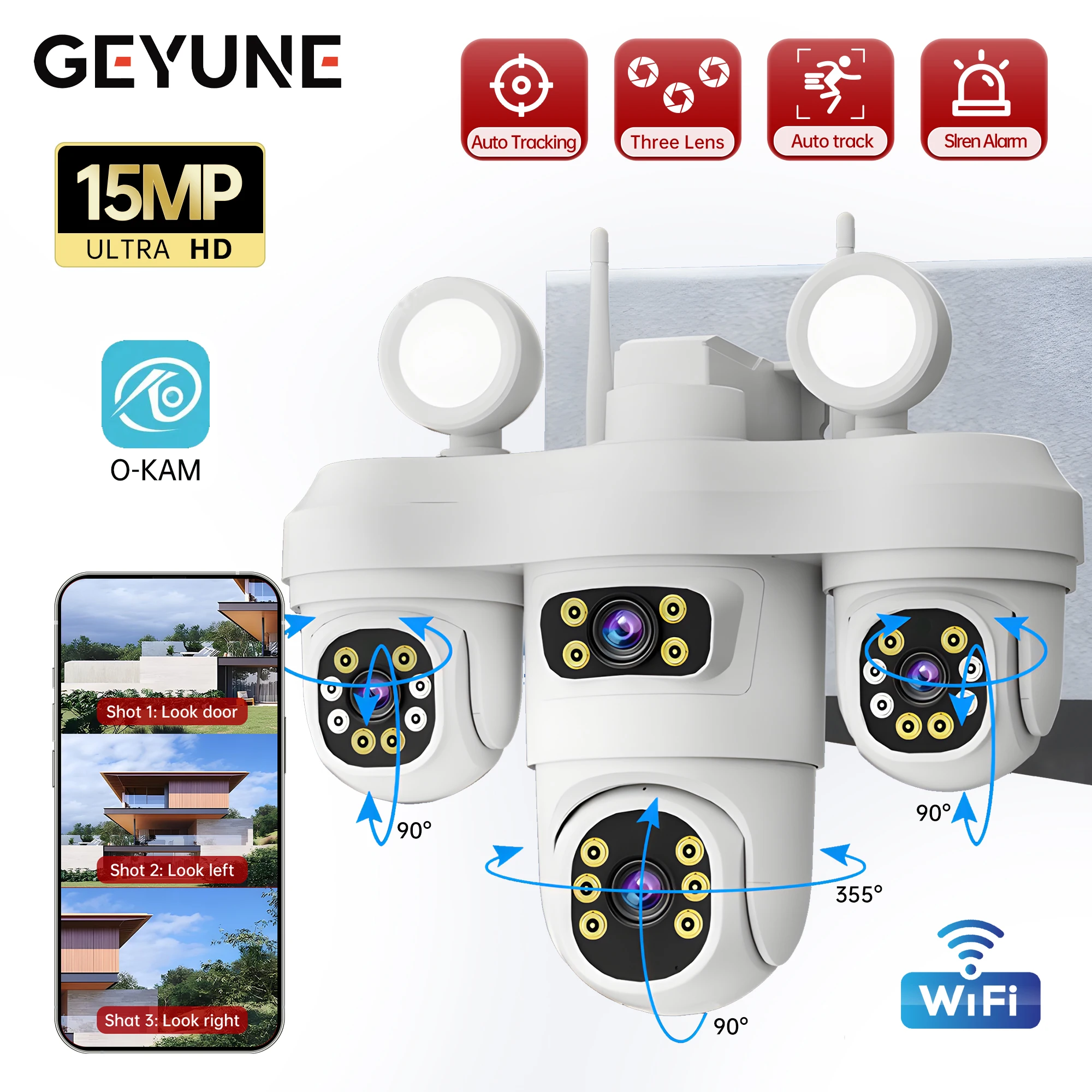 

8K 15MP WiFi Floodlight Camera 3 Lens Outdoor 360° View Color Night Vision Wireless Security Camera Human Detection 2-way Audio
