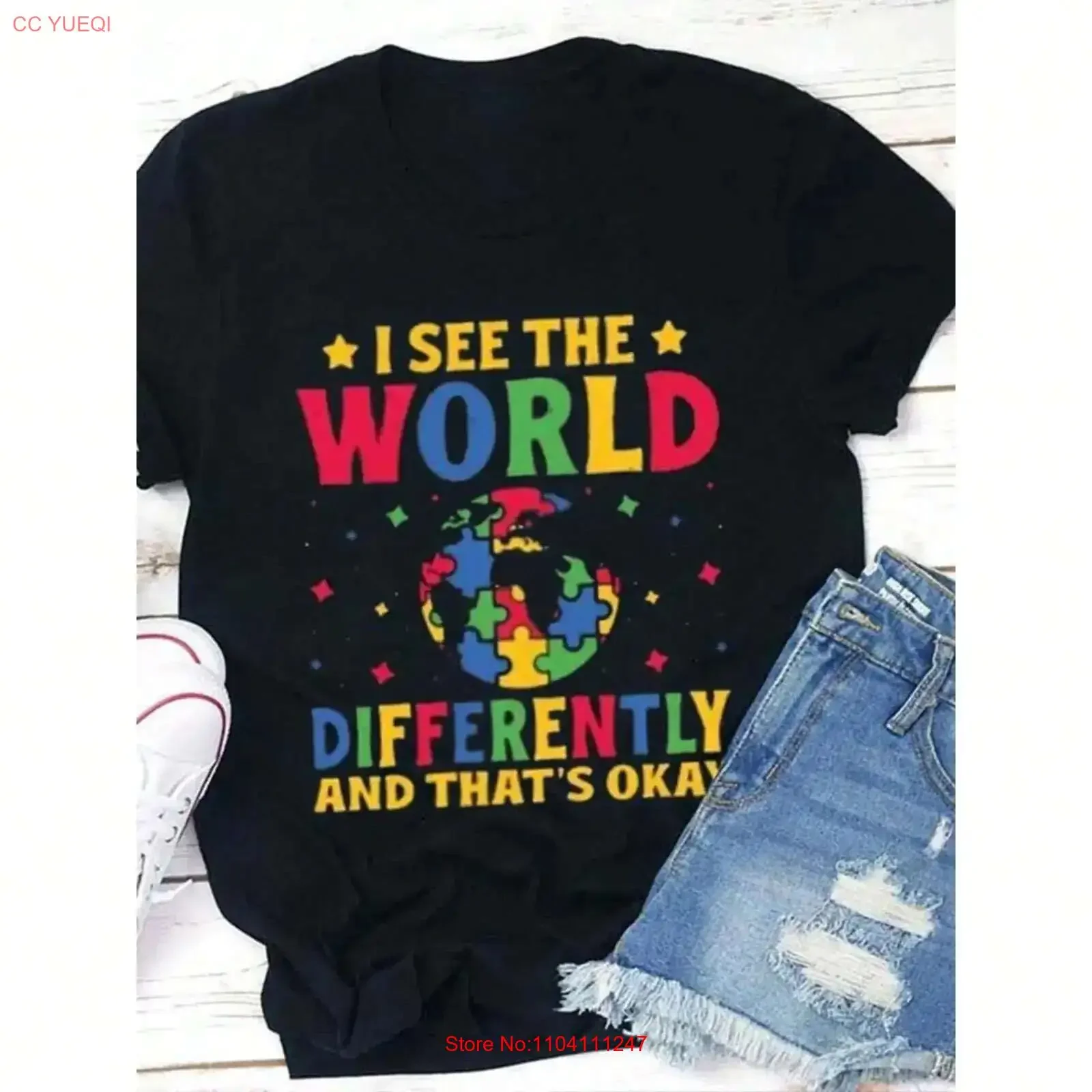 Women's I See The World Differently Pattern T shirt Earth and Star Design Top vintage Washed Versatile Slightly Comfortable
