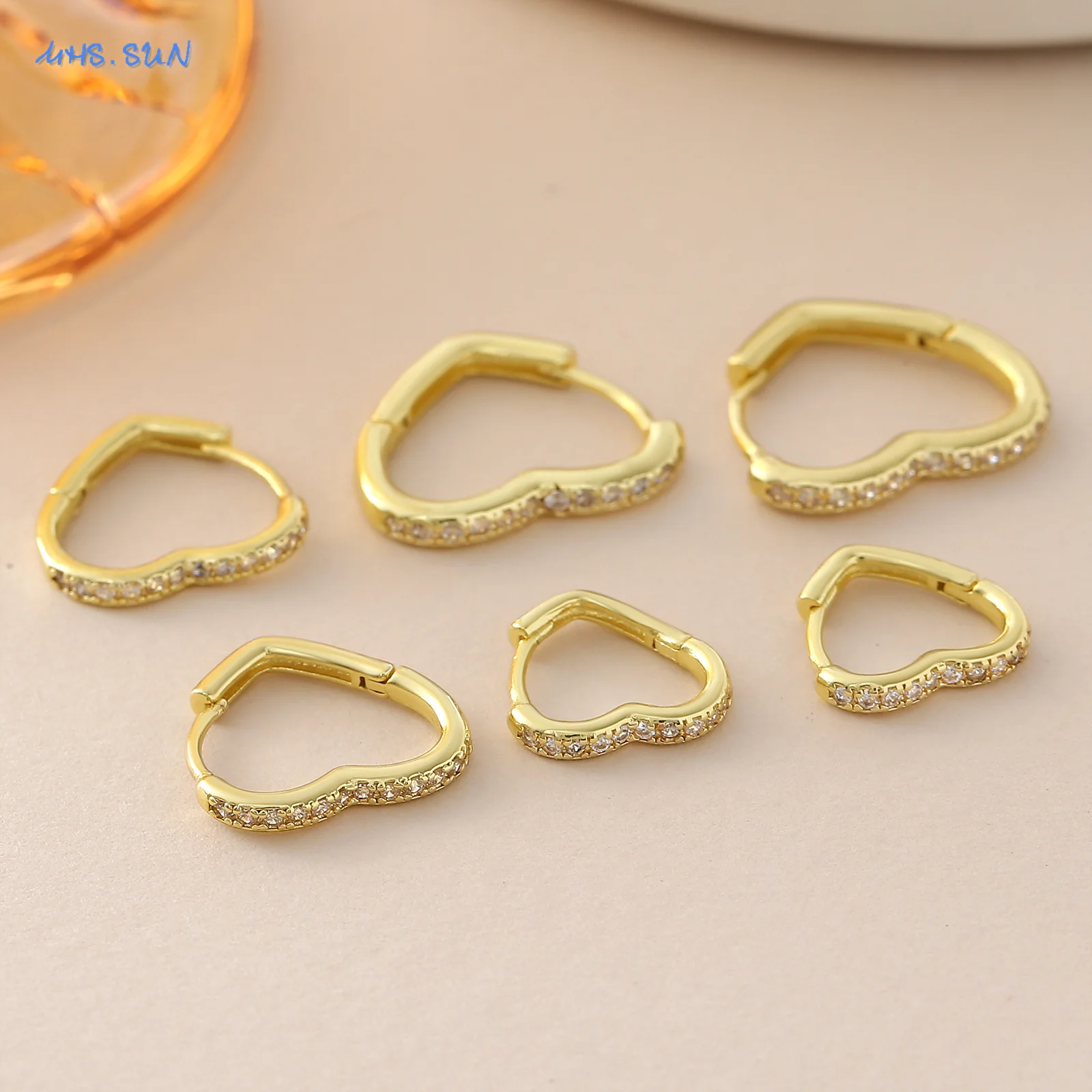 MHS.SUN Gold Plated Cubic Zircon Heart Shaped Hoop Earrings For Women Girls Romantic Love Banquet Party Jewelry Gift 3 Sizes