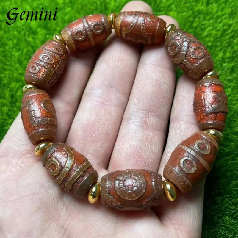 

Tibet Red Dzi Beaded Bracelets 15*22mm Tibetan Natural Old Agate Red Snow Melting One to Nine Eyes Tianzhu Bangle 21-22cm Strand