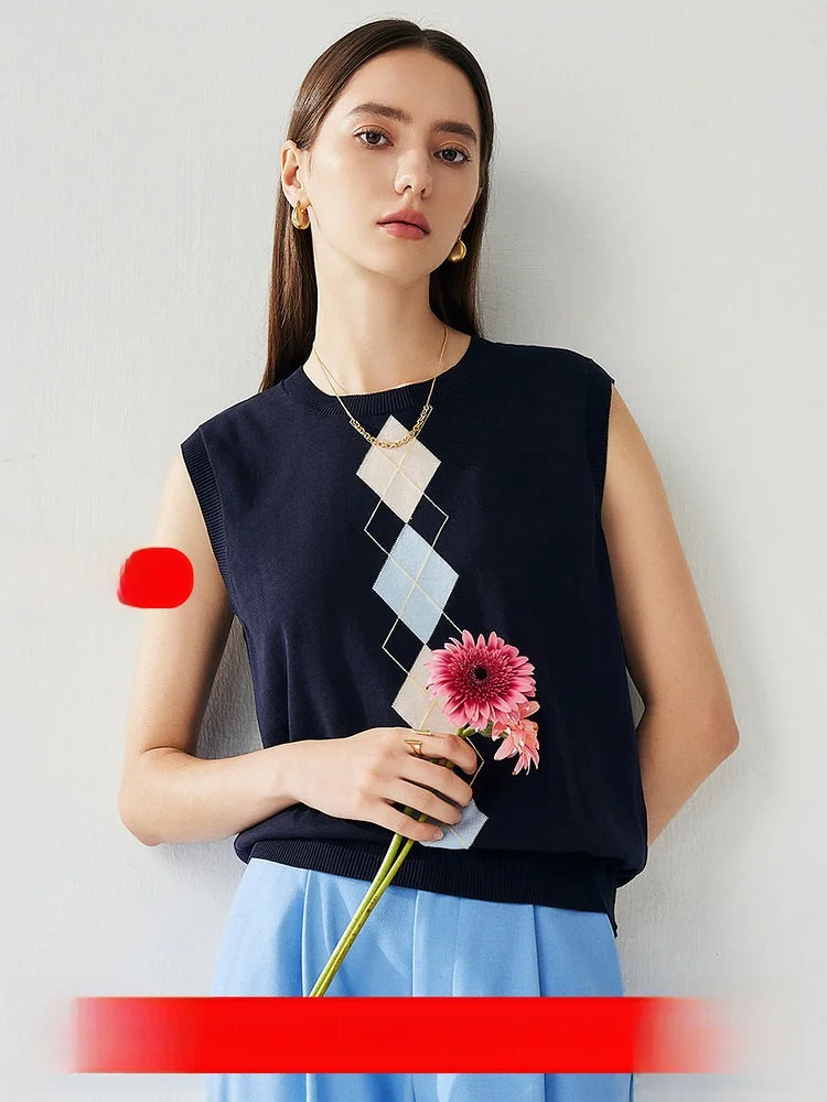 

Zhaojun Spring Summer New Sle Color Blo Diamond Pattern Women's round Ne Svel Silk Vest Thin Knitted Top