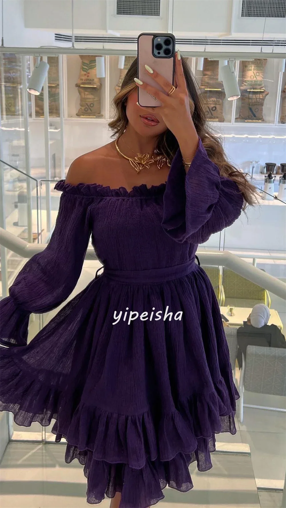 تخصيص تعديل السعر جيرسي كشكش Ruched مساء ألف خط خارج على الكتف مفصل مناسبة ثوب طول الركبة فستان