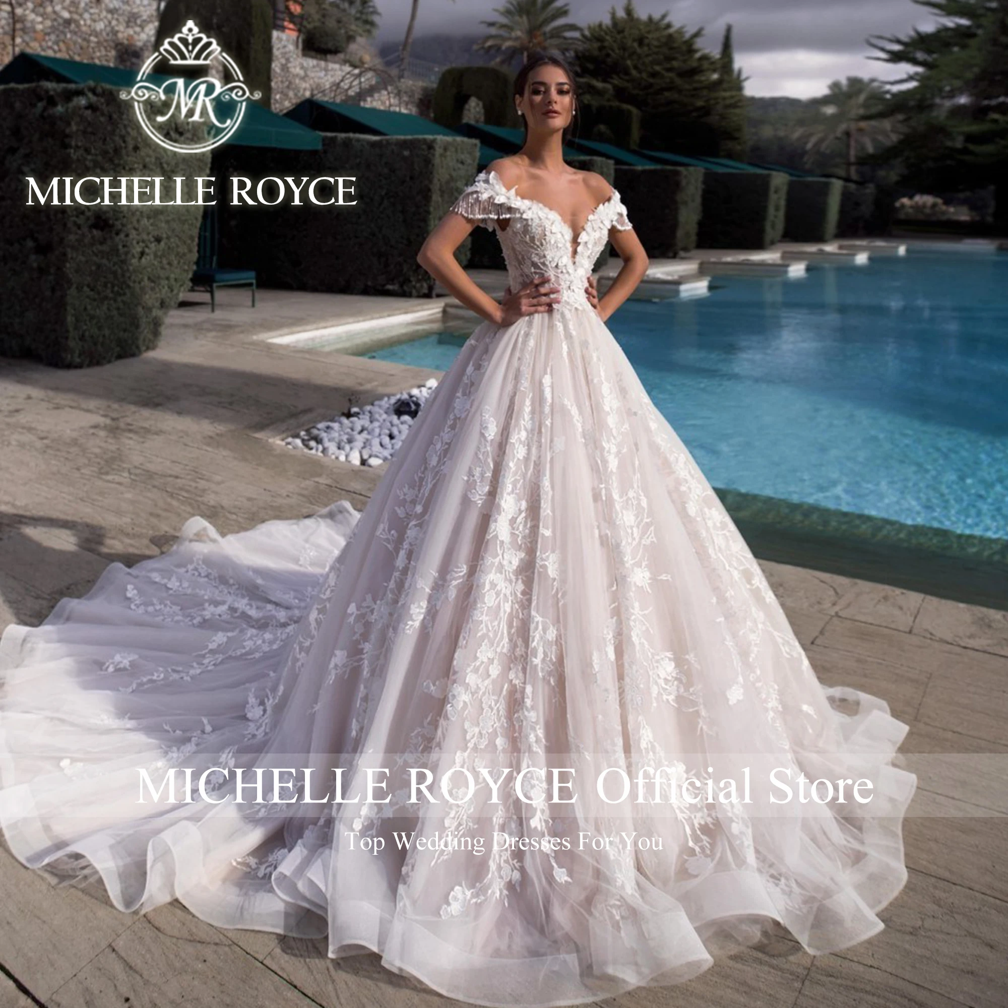 Vestido De fiesta De Michelle Royce, vestido De Novia De lujo con hombros descubiertos, apliques De encaje con cuentas, vestido De Novia con cuello en V, Vestidos De Novia