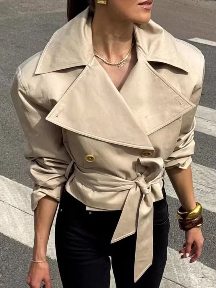 SLTNX 2026 New Women's British Wind Trench Coat Style Double-breasted Long Sleeve Belt Lapel Jacket Short Coat image 5