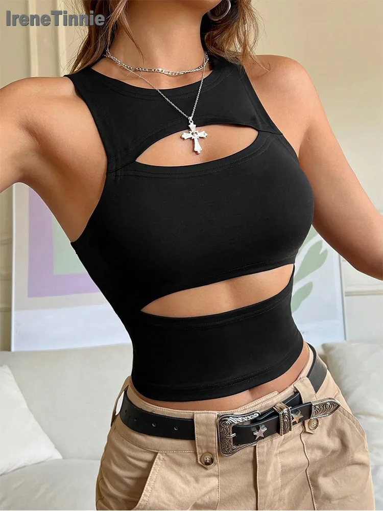 

IRENE TINNIE Women's Summer Hollow out Crop Tank Top Y2K Style 2000s Trendy Women's Clothing Top for Girls