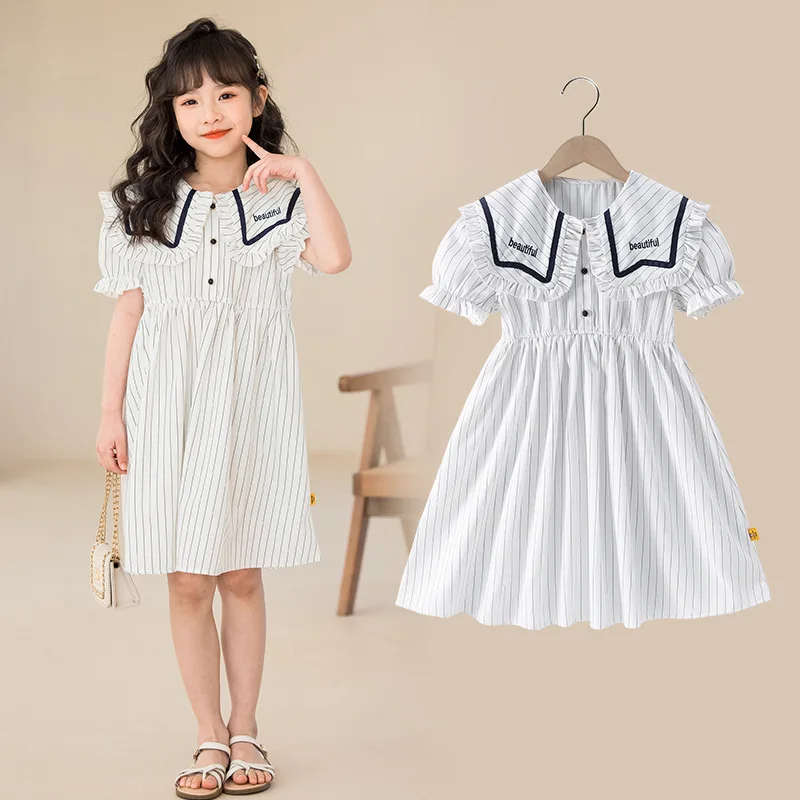 

Korean Summer Children Girl Dress Elementary Girl Lapel Striped Princess Dress Teenager Girl Academy Style Summer Prom Dress