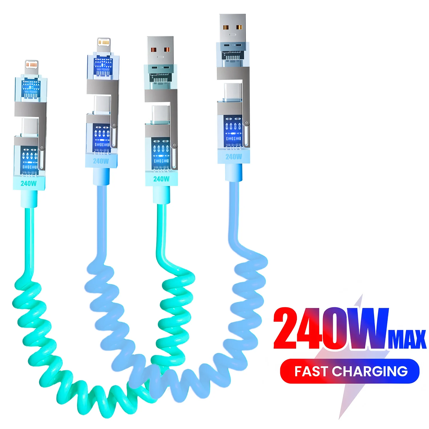240W 4 IN 1 USB Type C Data Cable Car USB Spring PD Fast Charging Cable for iPhone 15 Samsung Xiaomi 14 Huawei Honor Data Wires