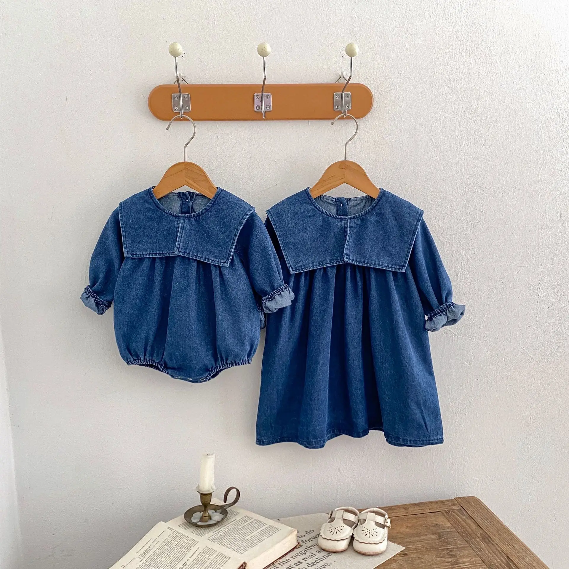 Girls Denim Dress 2024 Autumn New Toddlers Baby Girls Long Sleeve Lace Denim Rompers