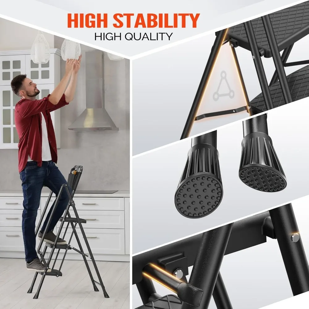 folding 3-step ladder with wide anti-slip treads and handrails, 500lbs capacity