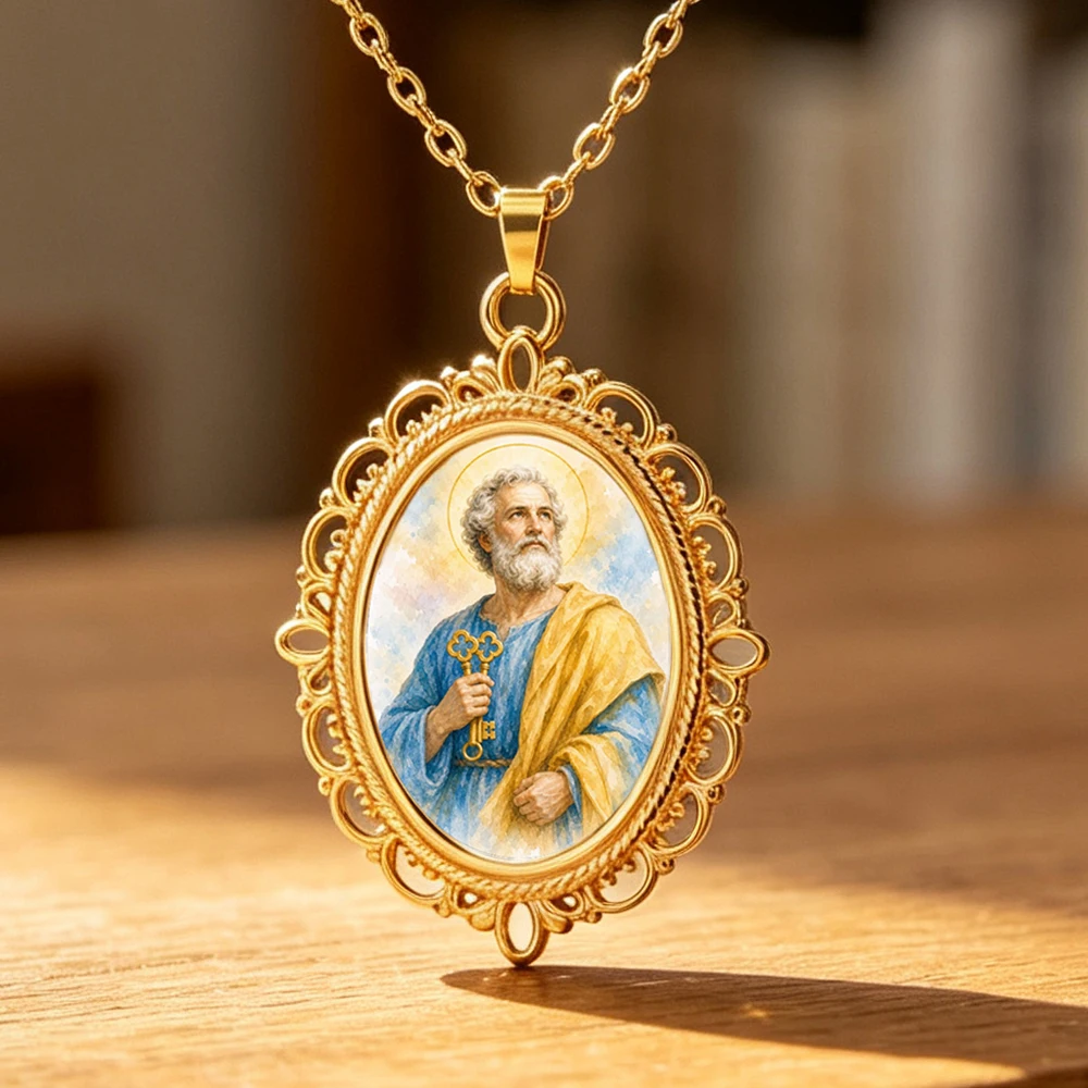 Simon Peter Necklace for Men Women Patron Saint Pendant Apostles of Jesus Catholic Protection Amulet Stainless Steel Jewelry