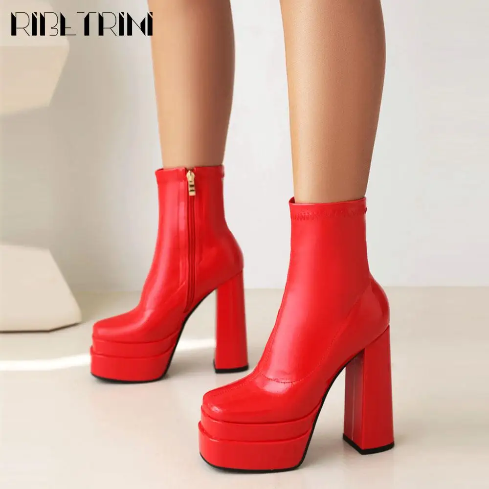 High Heeled Women Boots Square Toe Zipper Ankle Platform Shoes Cool Fashion Punk Gothic New Brand Winter Elastic Boots Woman