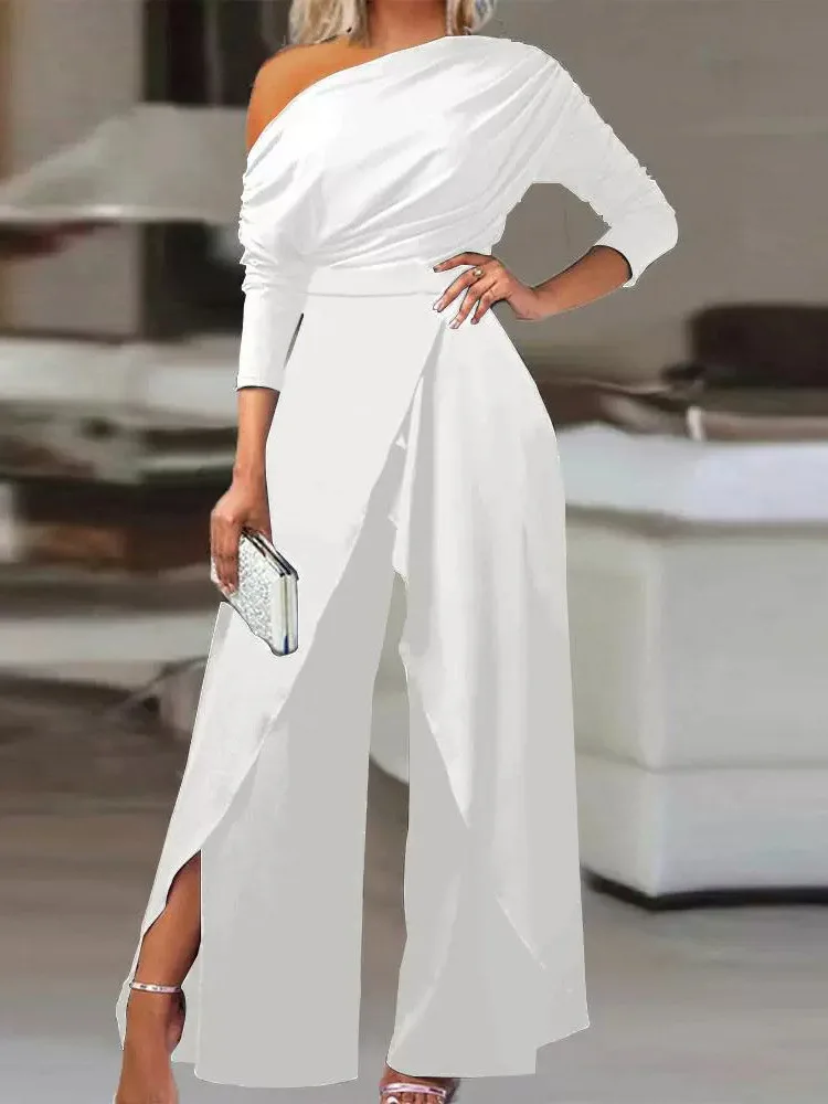 Street Style High Waist Nine Pants Length Straight Tube Jumpsuit Slanted Shoulder Long Sleeve Open Split  Women's Suit