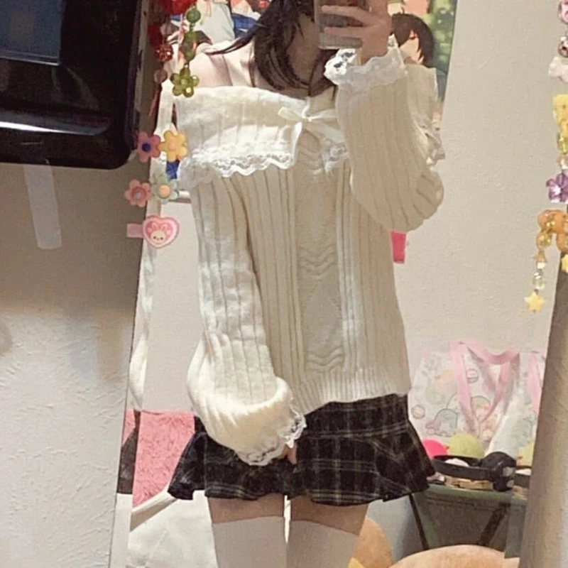 Roupas muito fofas harajuku cosplay suéter kawaii renda guarnição fora do ombro pulôveres y2k estética vintage manga comprida jumpers