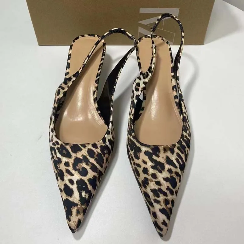 PSEEWE Leopard Print Women Pumps 2024 Summer Cat heels Sandals Woman Retro Pointed Slingback High Heels Elegant Heeled Shoes