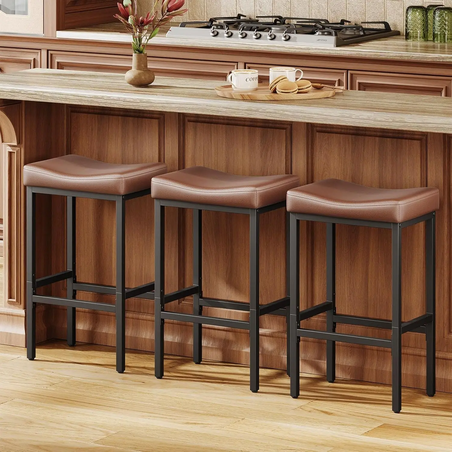 

24 Inch Counter Height Bar Stools Set of 3, Compact Counter Stools for Small Spaces, Premium Faux Leather Barstools with Righ