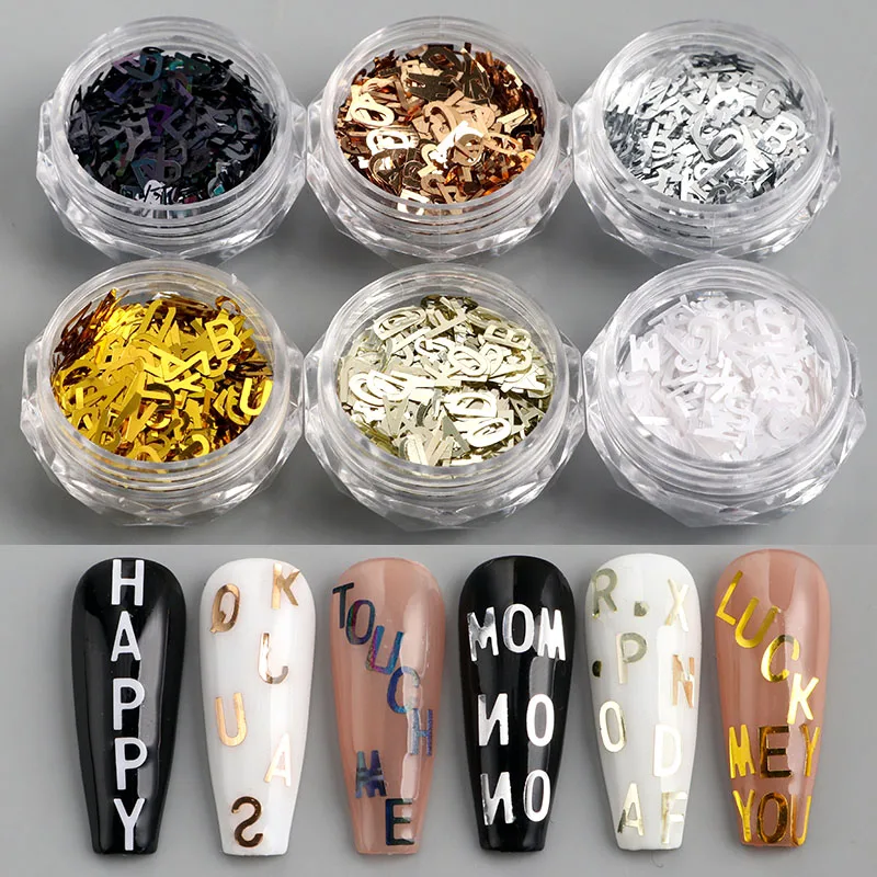 6 Color Metal Letter Nail Glitter Flakes Gold Silver Black White Alphabet Sequins Y2K Nail Charms Decor DIY Manicure Accessories