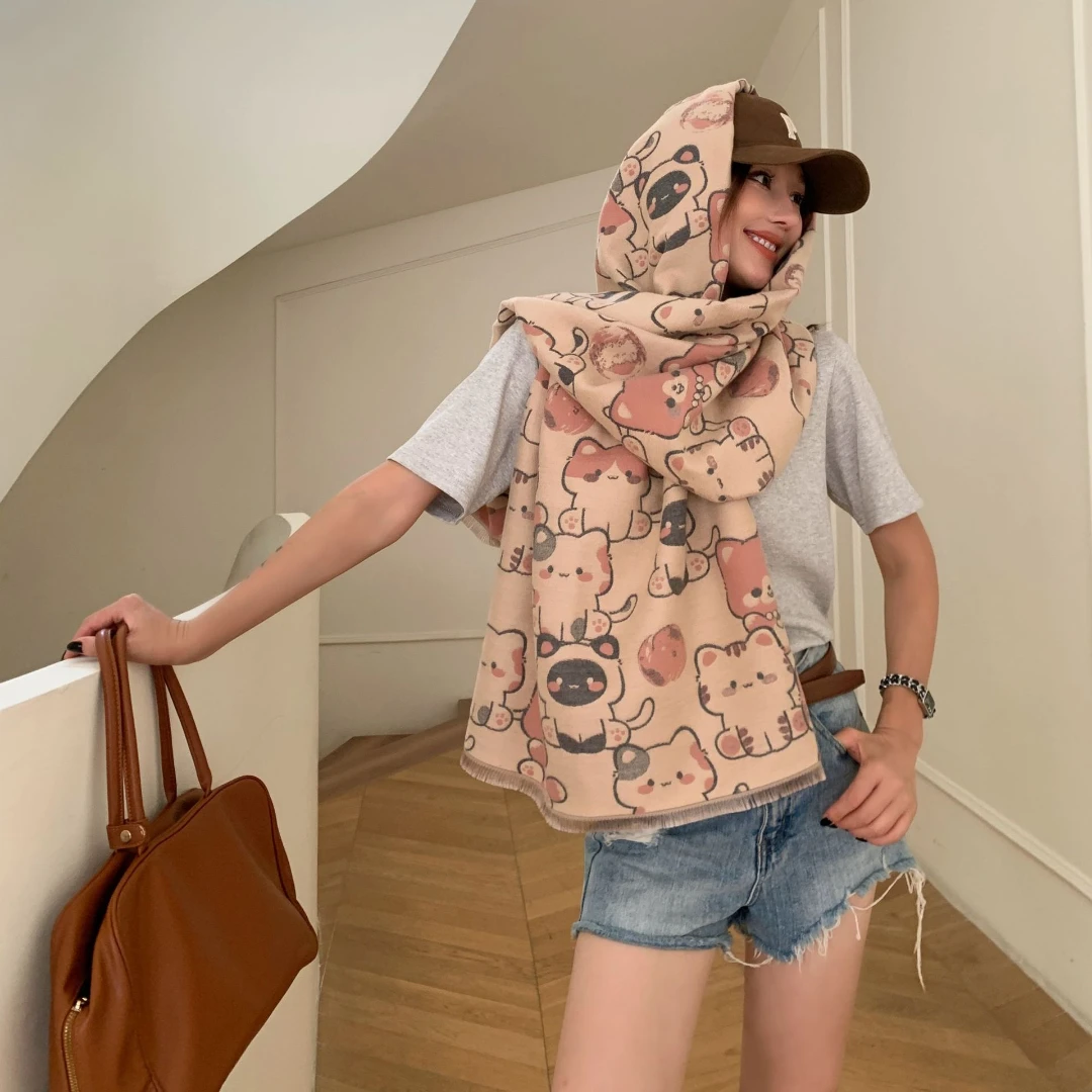 Cute Cat Print Cashmere Feeling Scarf Women Soft Warm Fringe Shawl Multi Wear Hooded Wrap Daily Fashion Winter Neck Scarves view 2