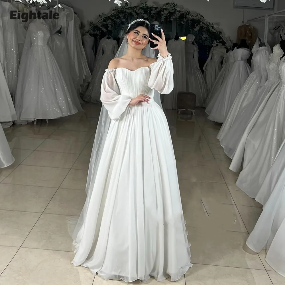 Eightale Arabic Wedding Dress Sweetheart Customized Ivory Chiffon Pleats Long Sleeves Bridal Gown A-Line Bride Party Dress