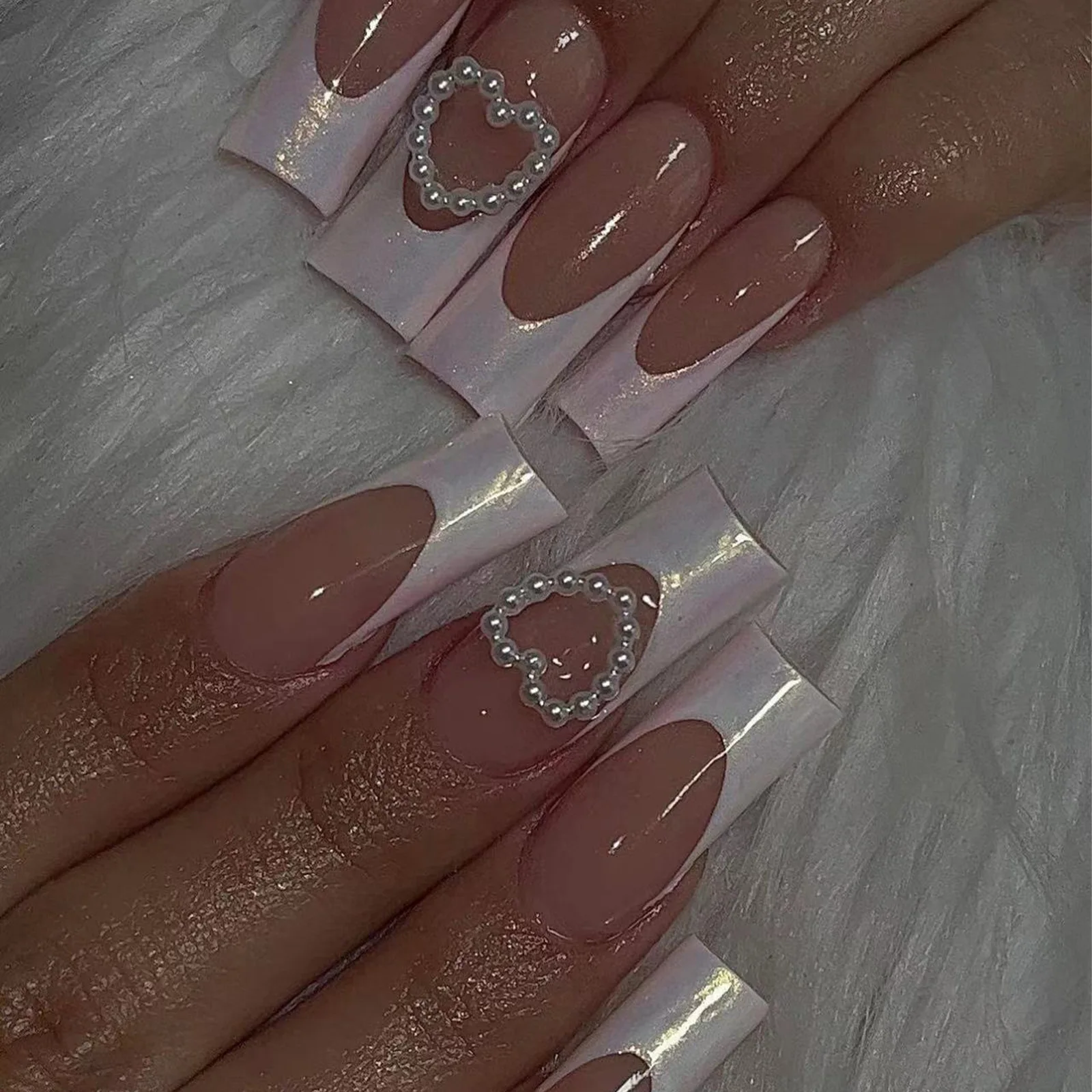 24Pcs Wearable Fake Nails Sets Square Head Aurora French False Nail Press on Patch with Sweet Love Pearl Decor Nails for Women 2