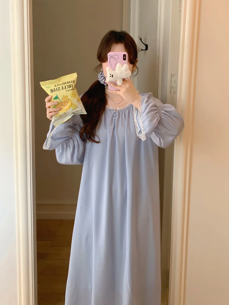 

blue cotton night dress women autumn casual loose sleepwear long sleeve korean nightgown lace o-neck buttons nightwear silk