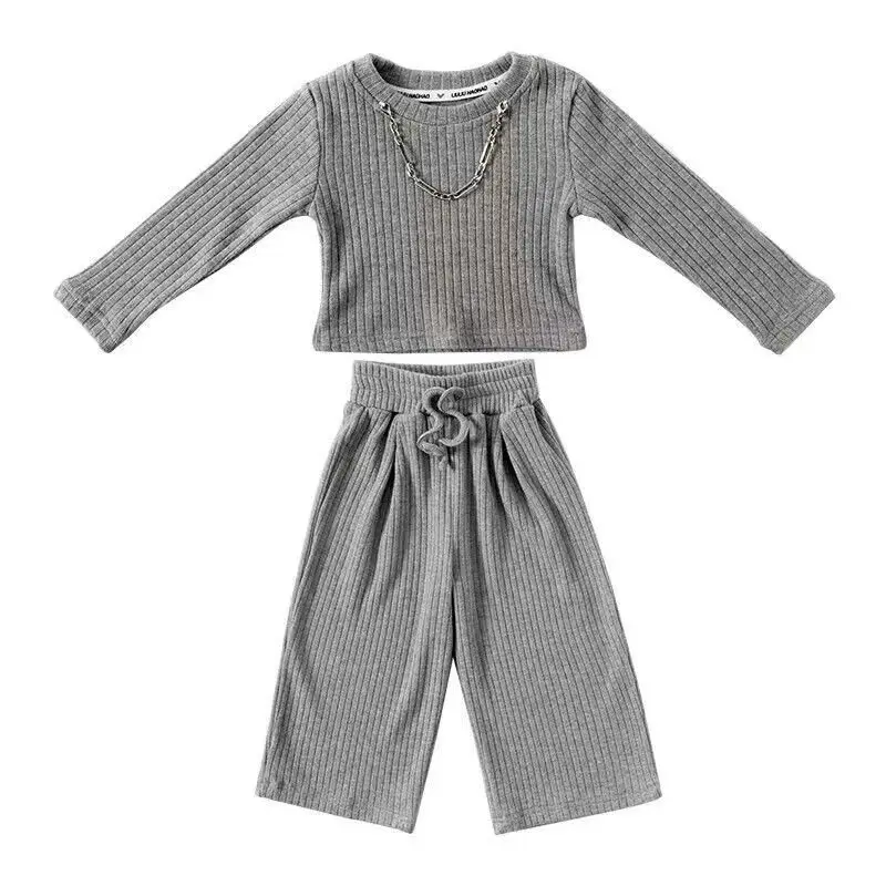 Baby Fashion Set Children Round Neck Long-Sleeved Top Solid Color Pant Suit Spring Autumn Thin New Girls Casual Sports 2Pcs 2-8Y