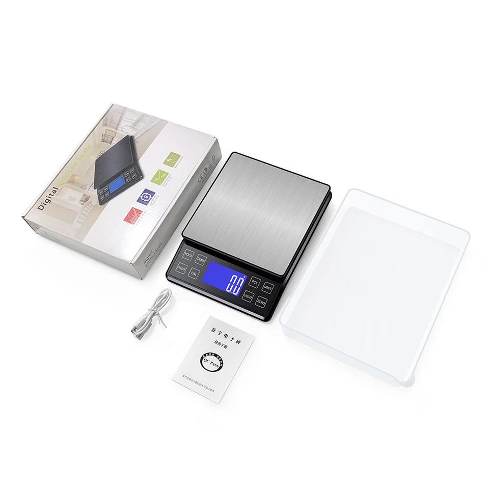 3kg/5kg/10kg 0.1g Kitchen Scale Electronic Digital Scale with 50g Weights and Pan Household Waterproof Balance for Food weighing