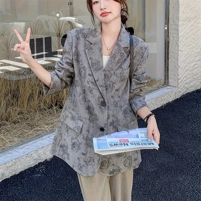 

Женский пиджак в корейском стиле с принтом, весна 2026, новинка, свободный крой, повседневный, элегантный блейзер для женщин