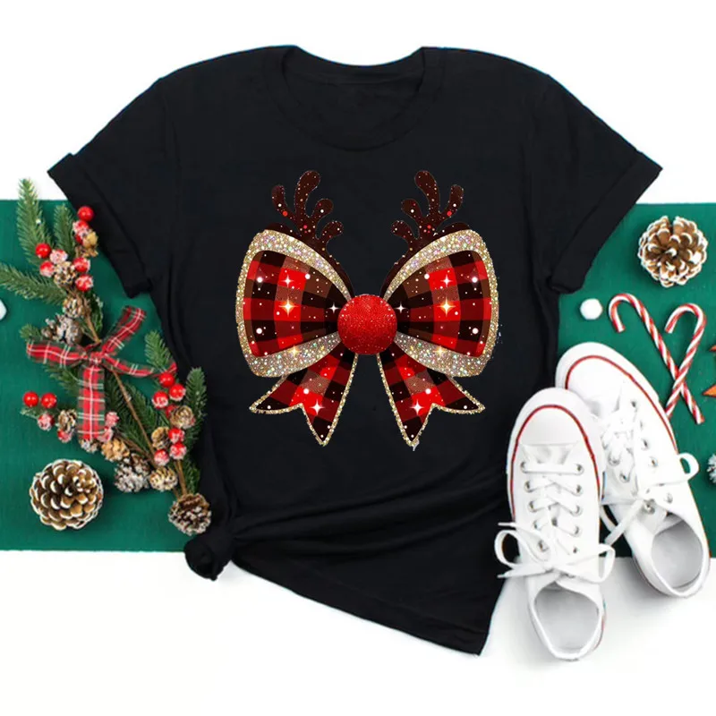 موضة قرون الرنة القوس منقوشة المرأة تي شيرت مضحك الجرافيك حفلة عيد الميلاد الزي Harajuku ملابس نسائية غير رسمية تيز #5