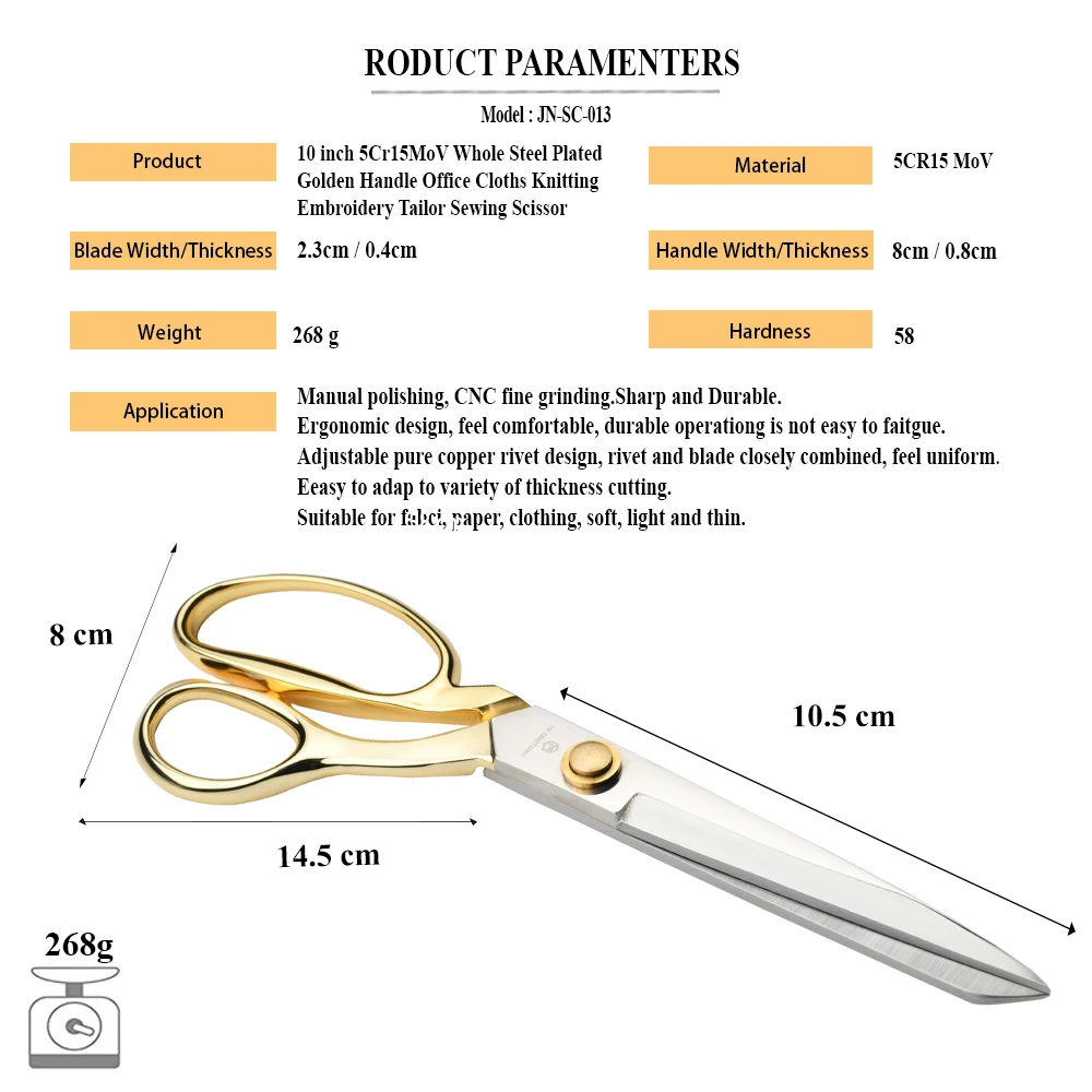 Jincraftsman®-10 pollici 5Cr15MoV in acciaio placcato in oro con manico in oro panni per ufficio ricamo a maglia forbice da cucito su misura