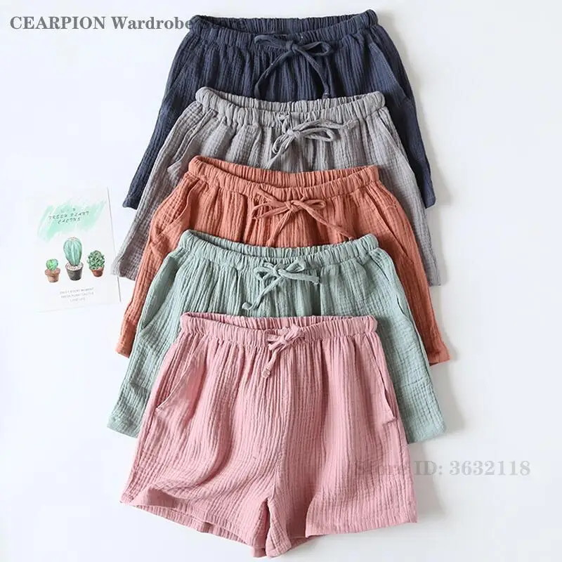 

Женские летние пижамные шорты, однотонные хлопковые марлевые двухслойные тонкие свободные брюки для сна, домашняя одежда, летние шорты, пляжная одежда