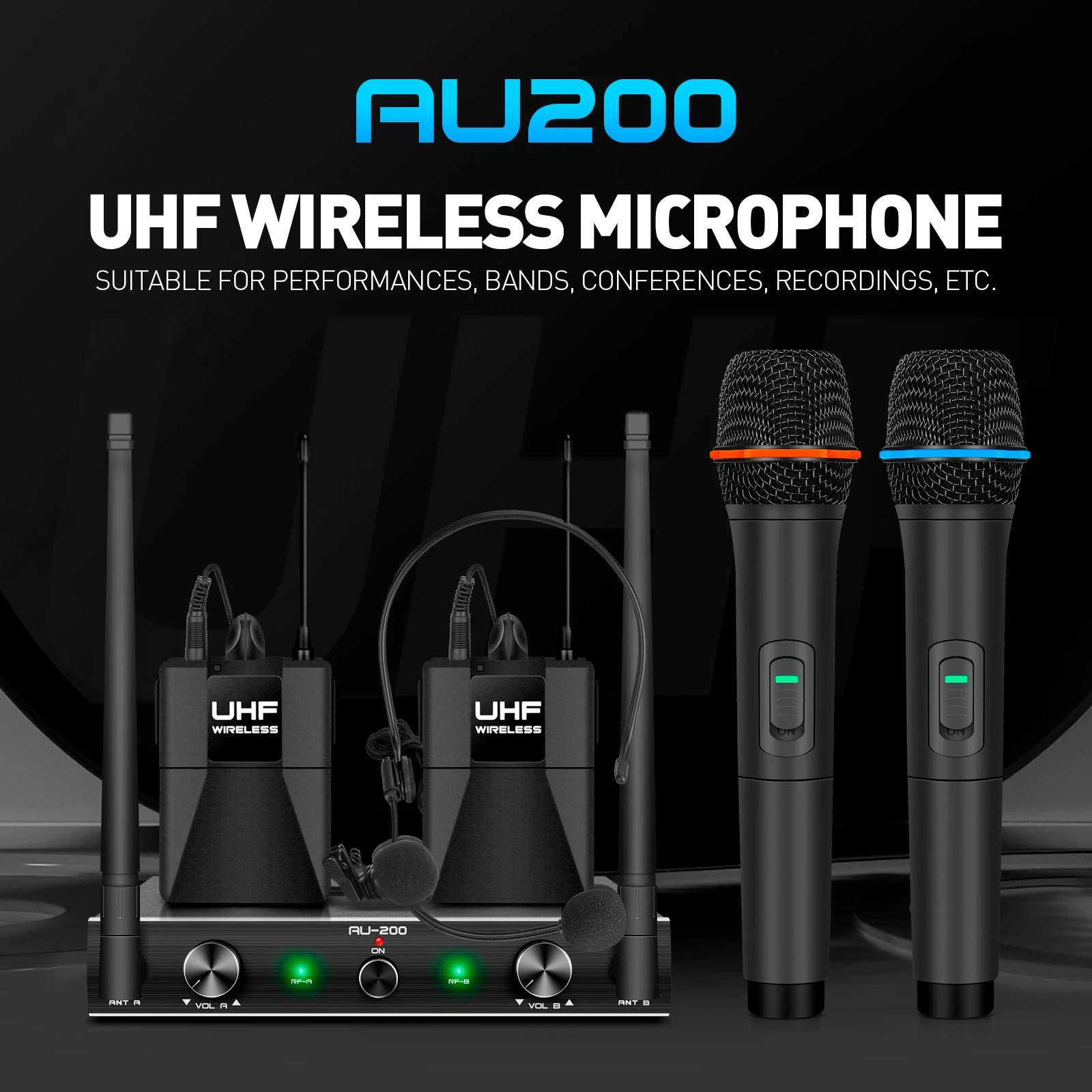 Sistem Mikrofon Nirkabel UHF Profesional 2 Saluran Jangkauan 50M dengan Penerima untuk Karaoke Bernyanyi Pertunjukan Pesta Rumah 500-59