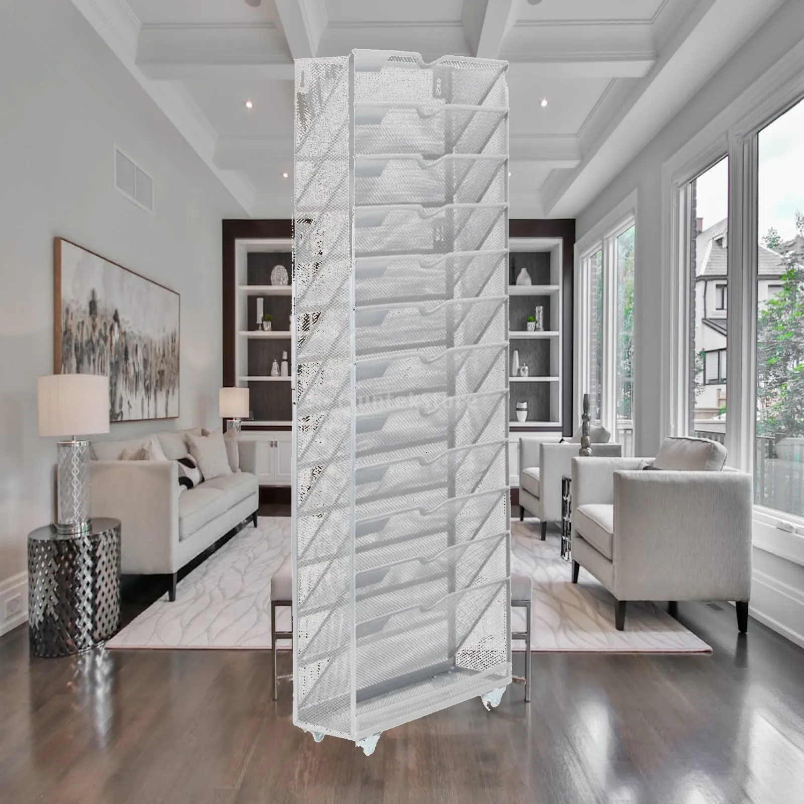 Vertical Book Organizer with Wheels Wheeled Slanted Compartment Document Rack Mesh File Sorter with Casters Multifunctional