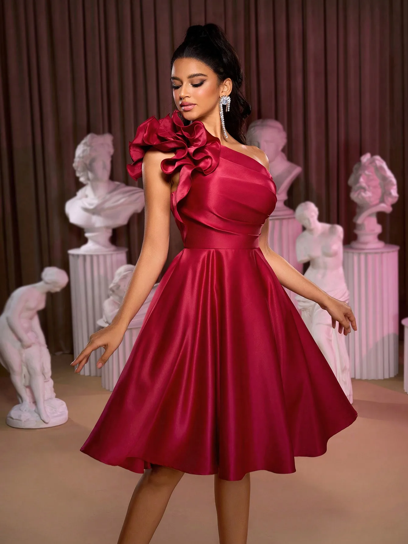 Women's Satin One Shoulder A-Line Midi Dress with 3D Floral Detail, Perfect for Formal Events, Prom, Wedding Guest