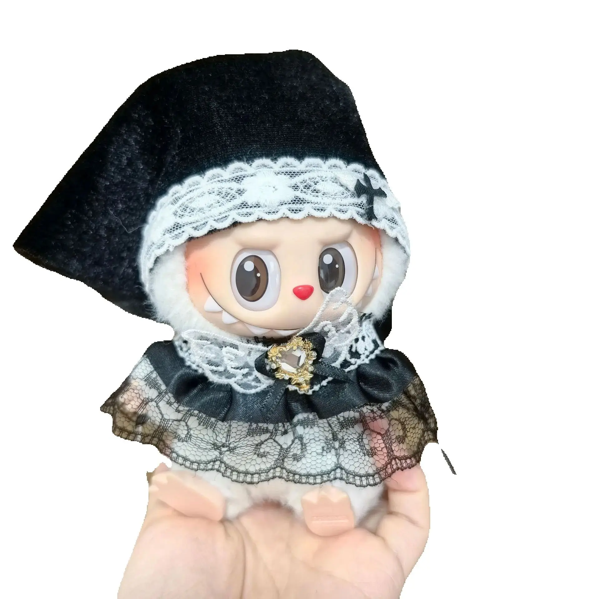 Gothic Nun Outfits For Labubu Black Velvet Hat Lace Collar Cross Decoration Fits 15/17cm 1st-3rd Gen
