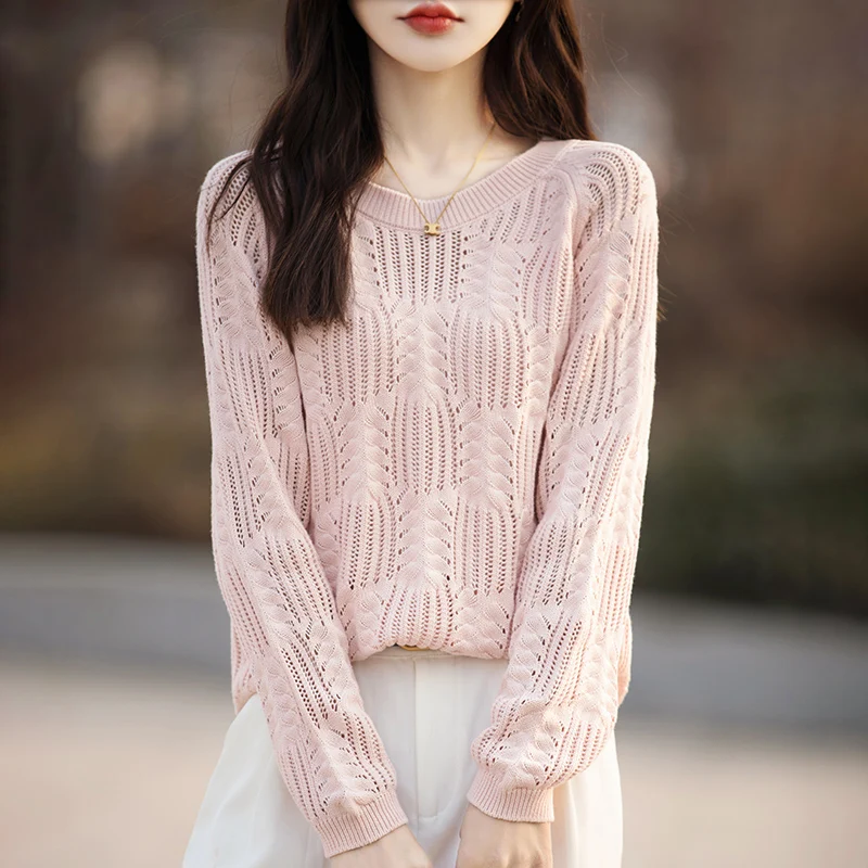 

Autumn and Winter New 100% Cotton Sweater Women's Casual Hollow Knitted O-Neck Pullover Loose Hot Selling Women's Top