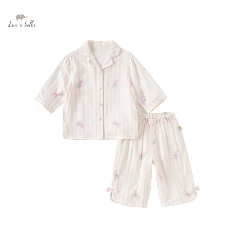 Dave Bella Children Girls Pajamas Suit 2024 New Summer Fashion Casual Ventilate Print Pink Striped Sweet Two-Piece Set DB2241094