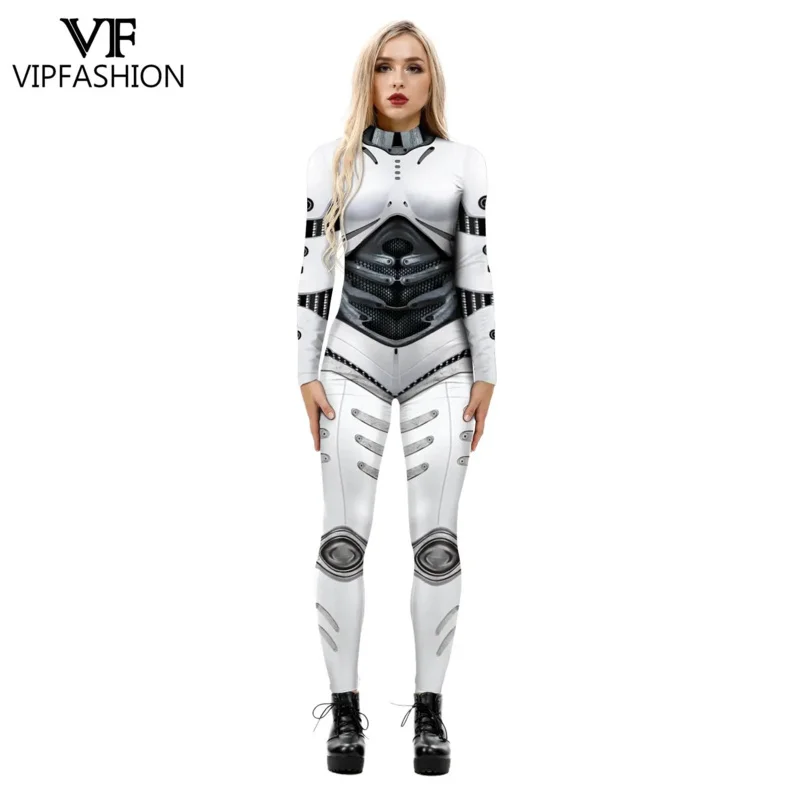 VIP FASHION Halloween Women Jumpsuit Robot Warrior Punk Future Technology Style Carnival Cosplay Costume Sexy Slim Bodysuit