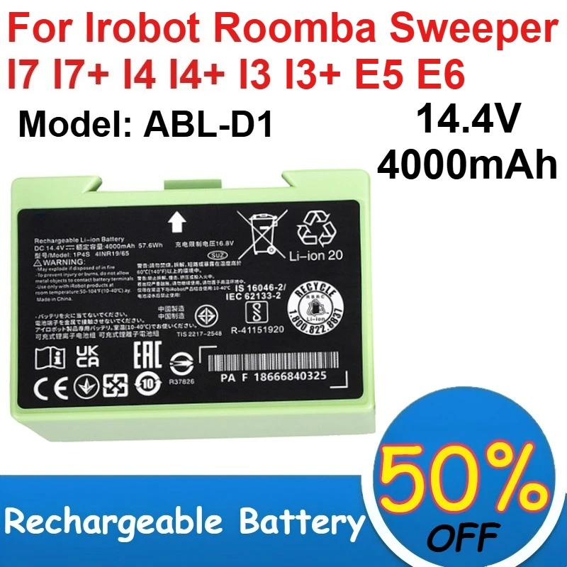 

ABL-D1 Sweeper Replacement Battery 14.4V 4000mAh for Irobot Roomba Sweeper I7 I7+ I4 I4+ I3 I3+ E5 E6 Batteries Rechargeable