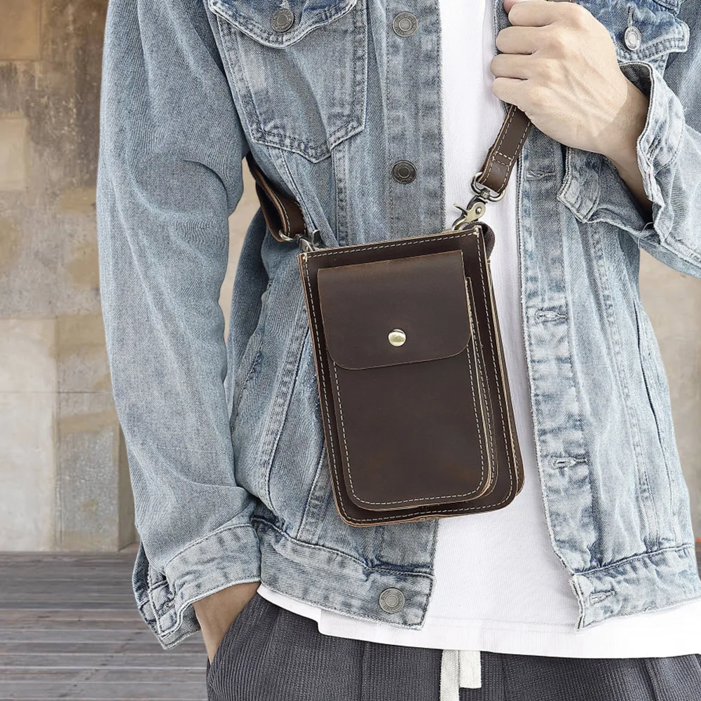 Top layer cowhide mobile phone storage multi-functional waist bag, crossbody single-shoulder bag, outdoor belt waist bag